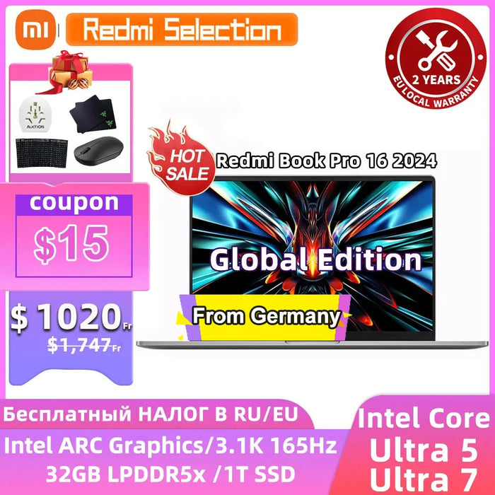 Xiaomi laptop 2024 RedmiBook Pro 16 Core Ultra 5-125H/Ultra 7-155H ARC Graphics 32GB DDR5 1TB SSD 16-inch 3.1K 165hz Screen Pc