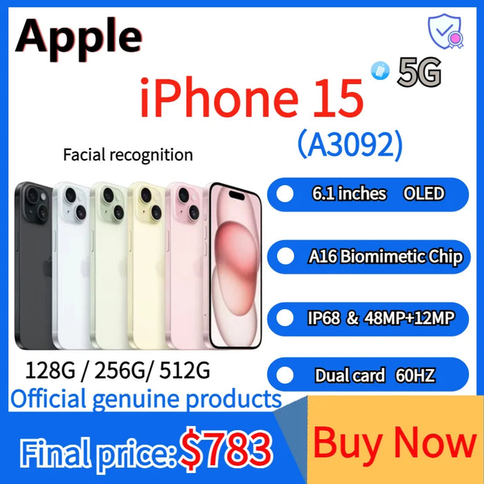 Apple iPhone 15 A3092 iOS 17 Apple A16 Bionic Super Retina XDR OLED Display IP68 dust/water resistant Dual-SIM 100% New Original