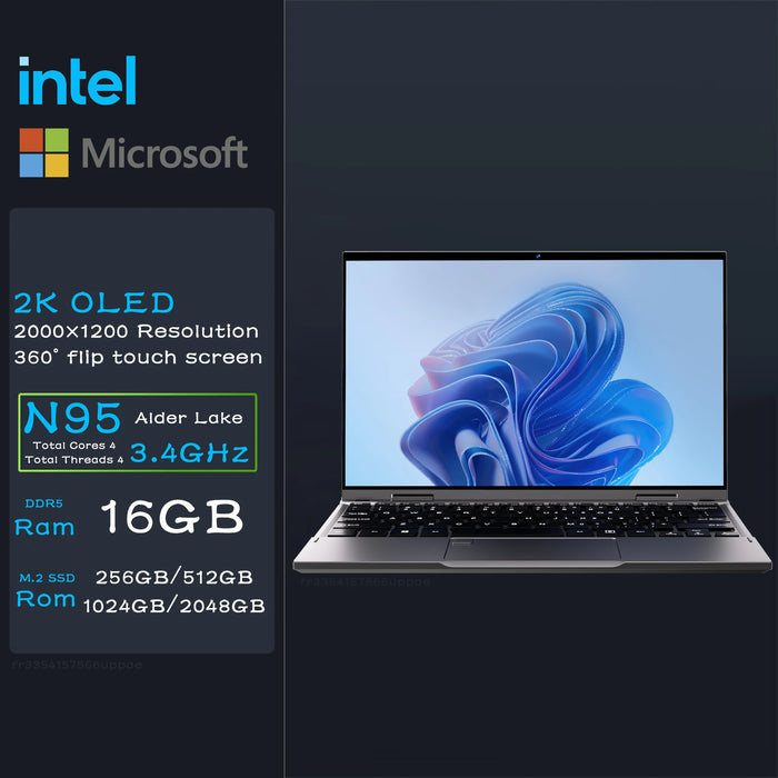 New 10.95 inch 360° Flip OLED Touch Screen Laptop Windows 11 Intel N95 16GB DDR5 RAM 2TB SSD ROM Aluminum alloy body