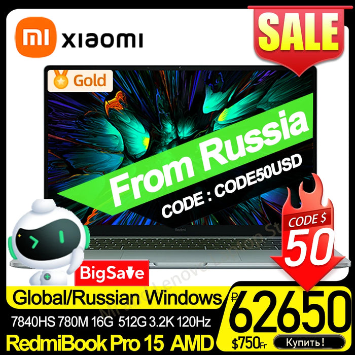 【Russia Stock】 Xiaomi RedmiBook Pro 15 2023 7640/7840HS 780M 16G/32G 512G/1T 3.2K 120Hz 15.6'' Screen JYU4540CN