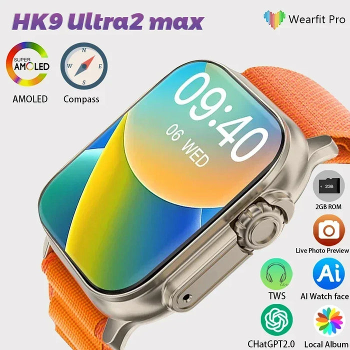 HK9 Ultra 2 Max GRN4 AMOLED Smart Watch Men Women 2GB ROM Photo NFC Compass ChatGPT Sport Smartwatch Connect TWS PK hello Watch3