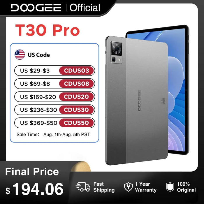 World Premiere DOOGEE T30 Pro Tablet MediaTek Helio G99 11'' 2.5K TÜV Certified 8GB+256GB 8580mAh 20MP Main Camera Android 13