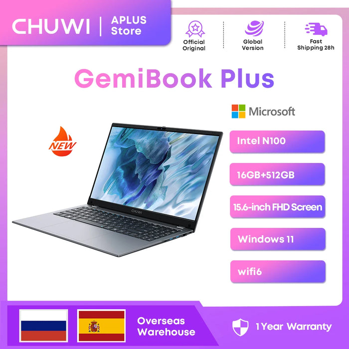 CHUWI GemiBook Plus Laptop 15.6" Intel N100 Graphics for 12th Gen 1920*1080P 8GB/16GB RAM 256GB/512GB SSD Windows 11 Laptops